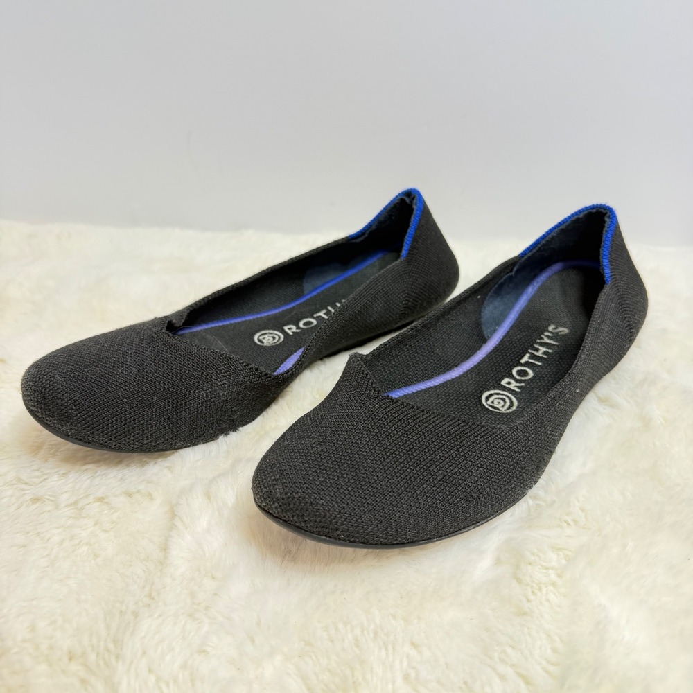 Rothy's Women's 8 Round Toe Ballet Flats Classic Black Knit Washable Blue Trim